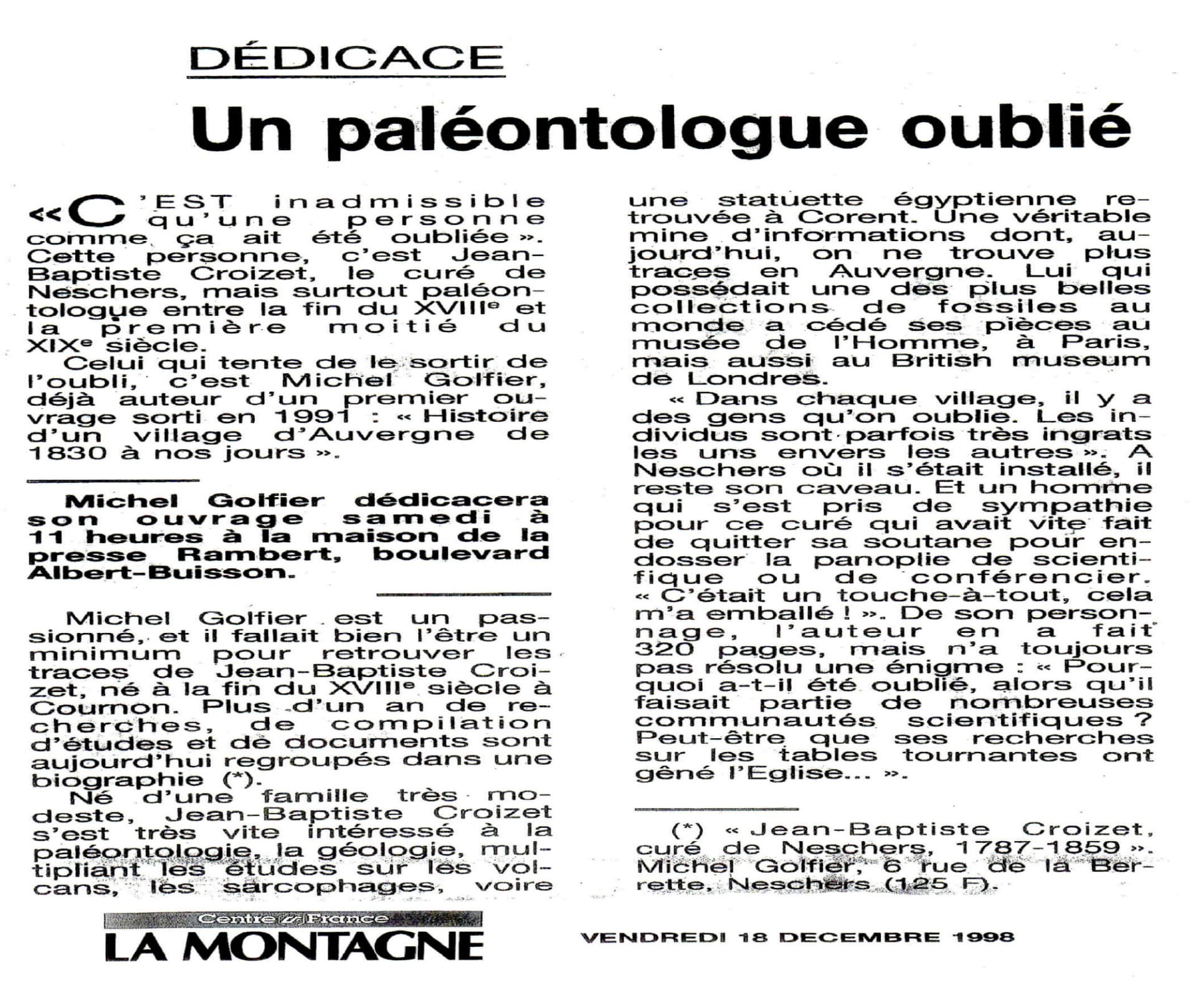 Articles de presse publiés en 1998 sur Jean-Baptiste Croizet, curé de Neschers et paléontologue.